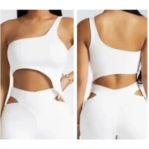 Naked Wardrobe White Smooth Side Asymmetrical Crop Top NWT Sz M NW-T2619